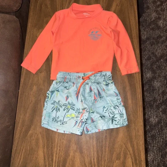 Carter's Coral Rashguard and Tropical Print Swim Shorts - Picture 1 of 3